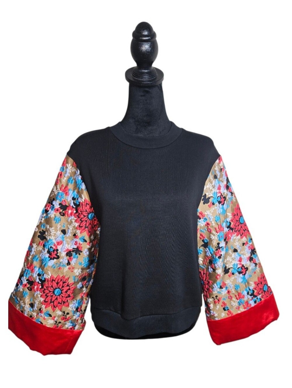 ESSENTIEL ANTWERP Casava Jacquard Black Sweatshirt Floral Statement Sleeves S